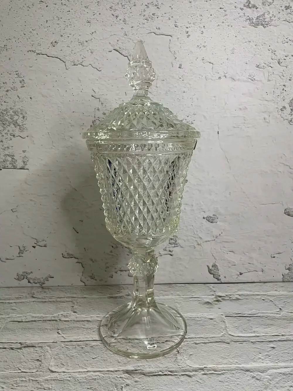 Vintage Indiana Glass Tiara Diamond Point Footed Pedestal Lidded Apothecary Jar
